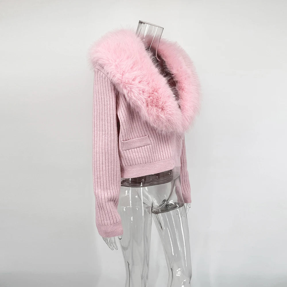 Eleganter Kunstpelzmantel für Damen – Warme, gepolsterte, schmal geschnittene Strickjacke, langärmelige Winterjacke mit Kragen