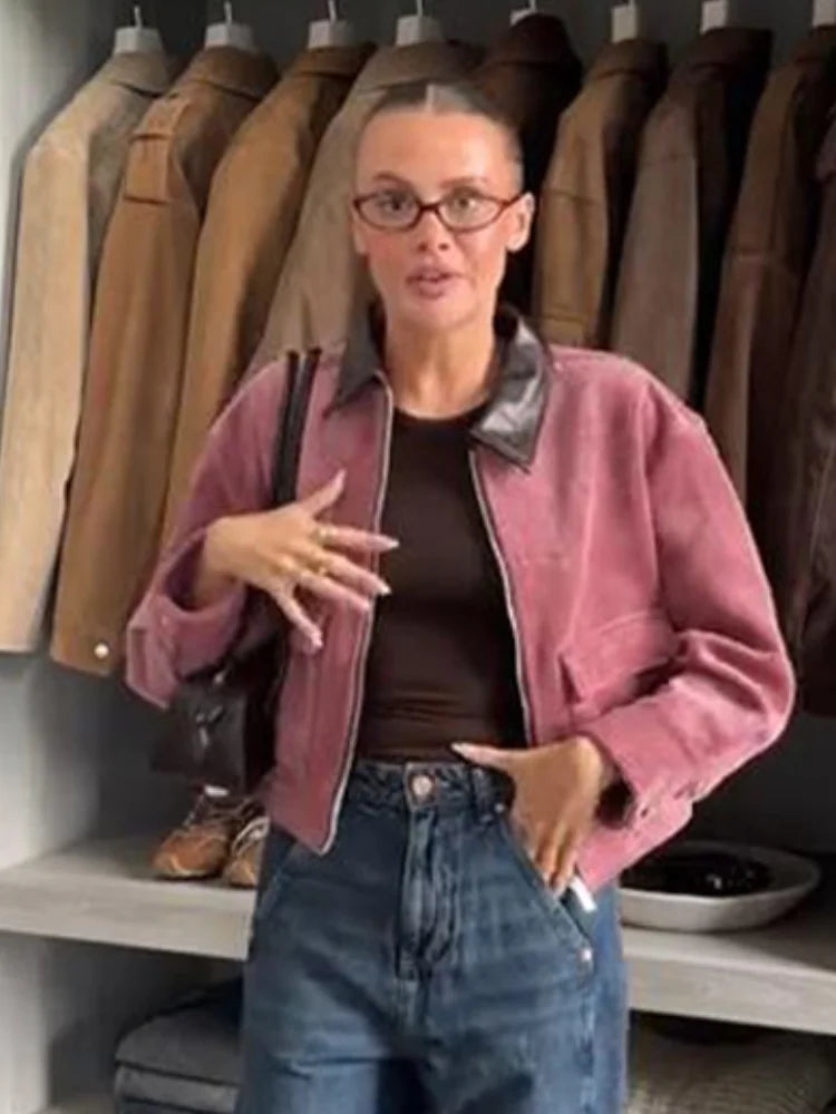 Damen Pinke Cordjacke mit Reißverschluss und langen Ärmeln