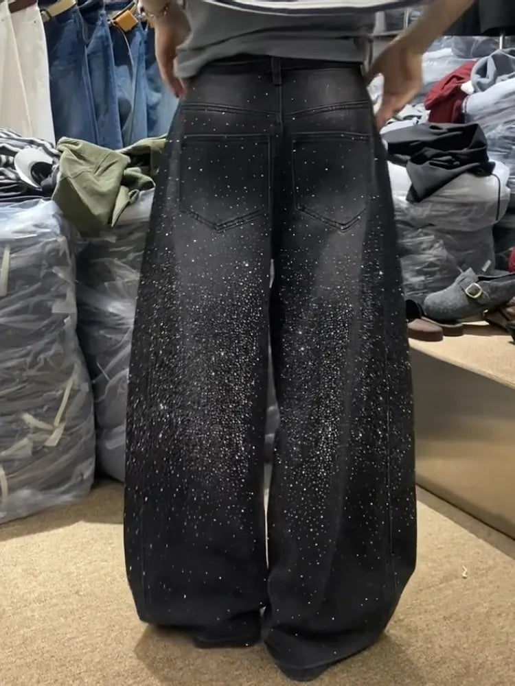 Damen Glitzer-Strass-Jeans | Weites Bein, Bodenlang, Loose Fit