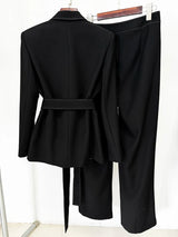 Designer Contrast Stitching Suit Set | Women’s Belted Blazer & Tailored Pants