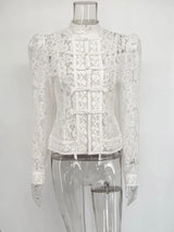 Elegant Printed Lace Hollow Out Commute Top– Women’s Vintage See-Through Summer Shirt
