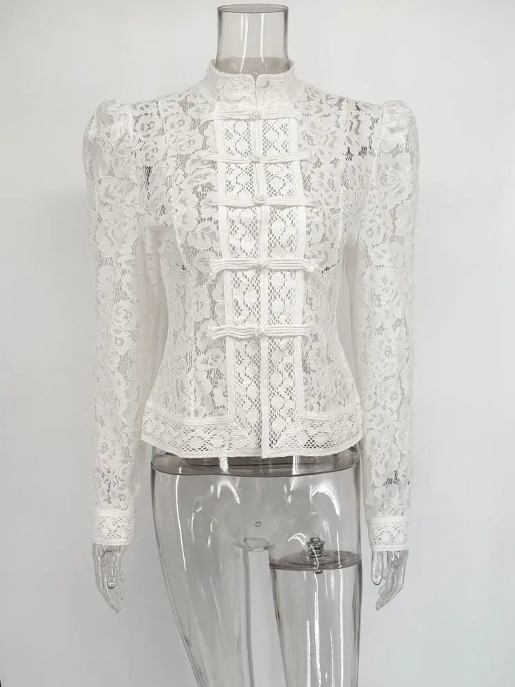 Elegant Printed Lace Hollow Out Commute Top– Women’s Vintage See-Through Summer Shirt