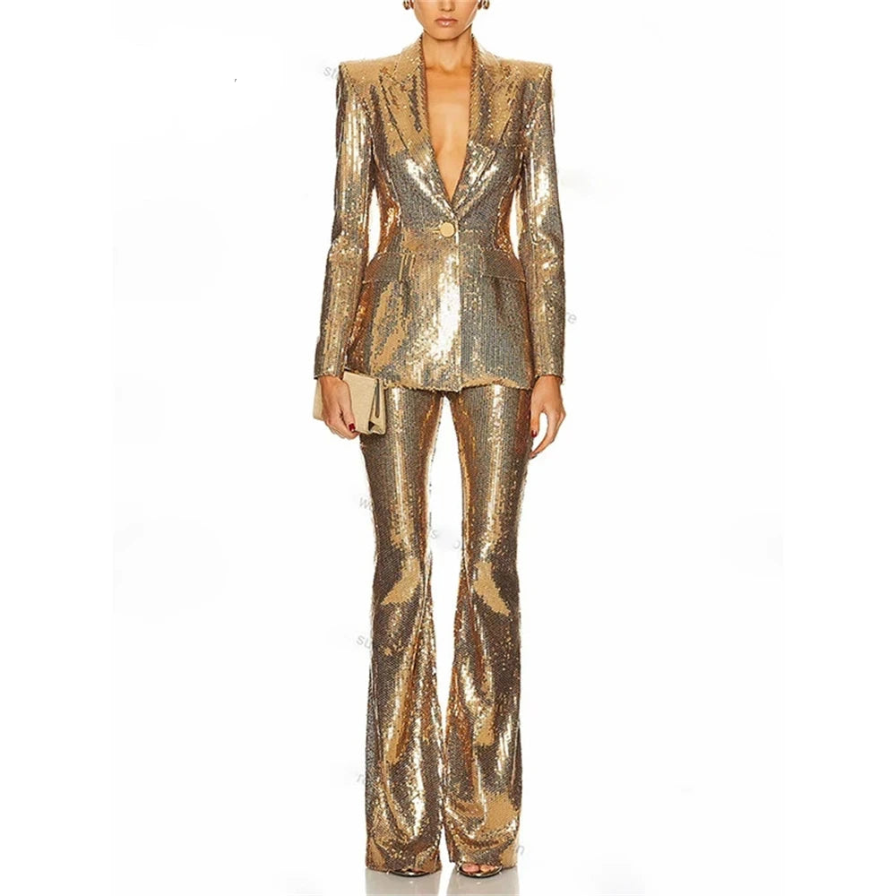 Damen Glitzerndes Pailletten-Anzug-Set – Slim Fit 2-teiliger Party-Anzug – Funkelnder Abendblazer & Hose