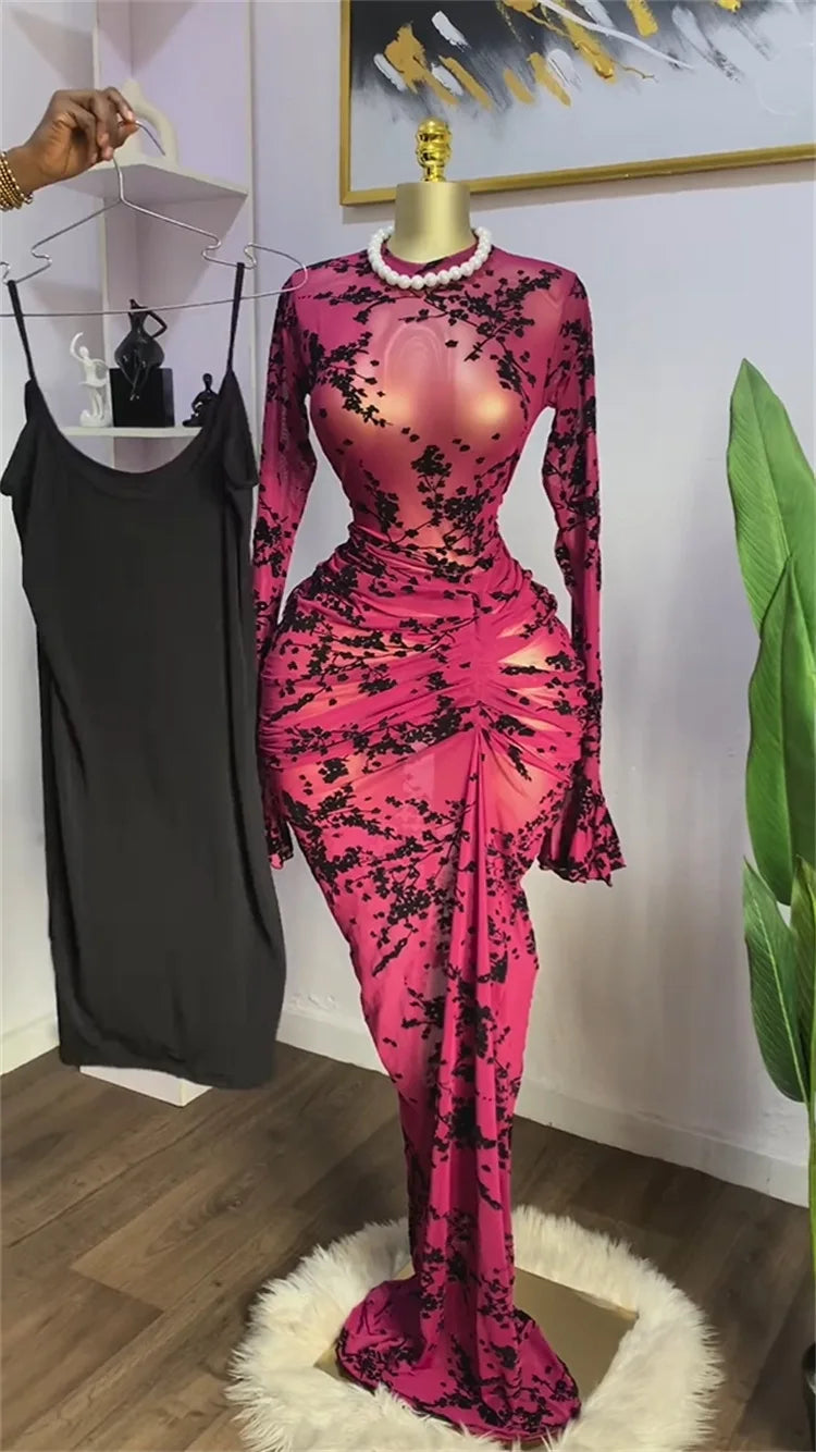 Damen gestapeltes Mesh-Bodycon-Kleid – sexy durchsichtiges Langarm-Abendkleid mit Futter