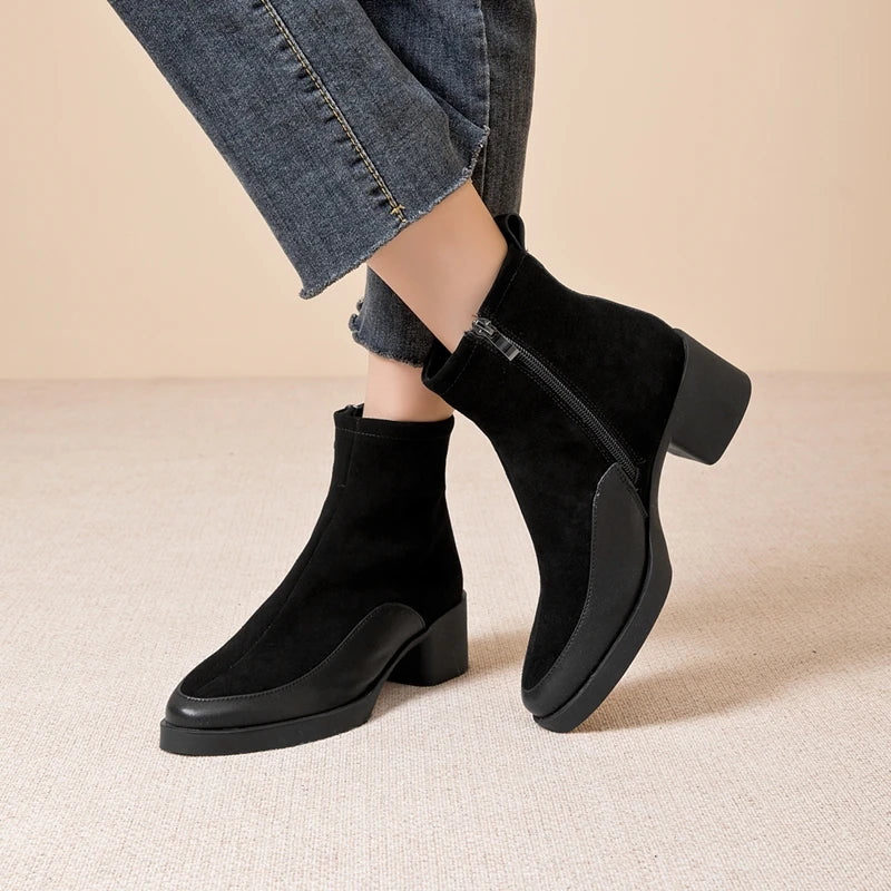 Women’s Genuine Leather Ankle Boots – Pointed Toe Chunky High Heel Boots