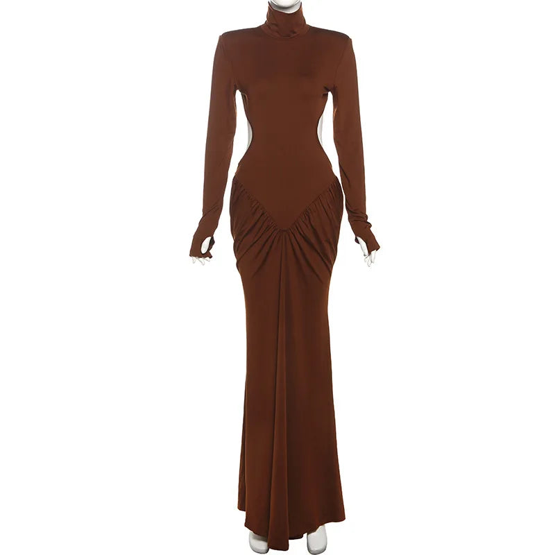 Sexy rückenfreies Rollkragen-Maxikleid – Damen Abendkleid Langarm Party