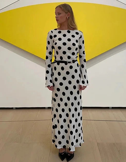 Damen weißes Polka-Dot Maxikleid – lässiges, eng anliegendes O-Neck Kleid