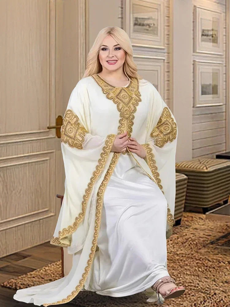 Luxury 2-Piece Gold Lace Embroidered Party Dress and Flare-Sleeve Robe