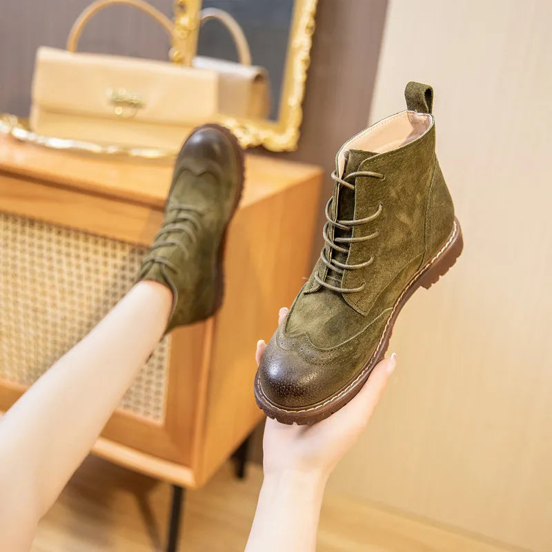 Damen Stiefeletten aus echtem Leder – Retro-Stiefeletten aus Wildleder im britischen Stil