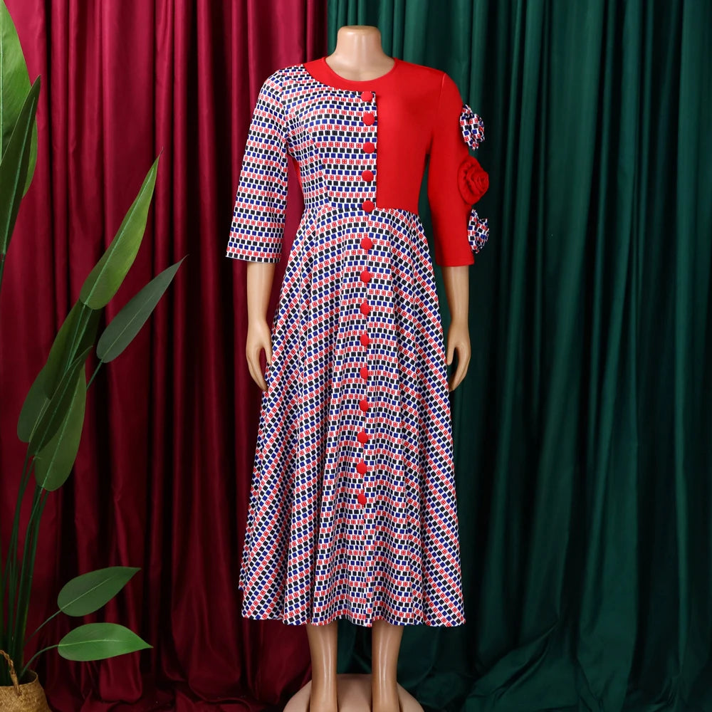 Elegantes Damen-A-Linien-Kleid mit 3D-Blumen – Herbstmode, afrikanisches Abendkleid mit Karomuster