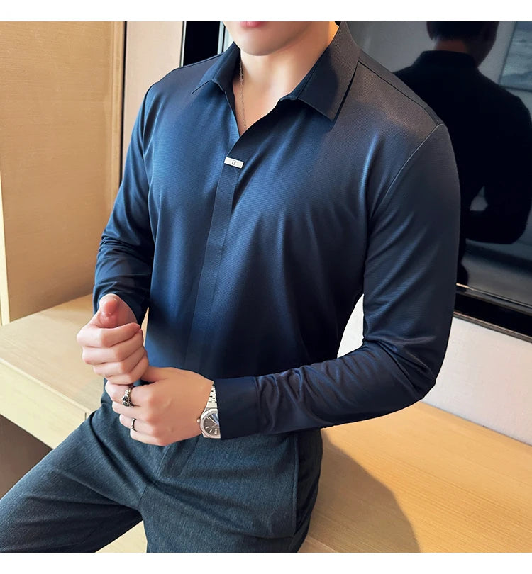 Men’s High Elastic V-neck POLO Shirt – Non-marking Seamless Long Sleeve T-shirt