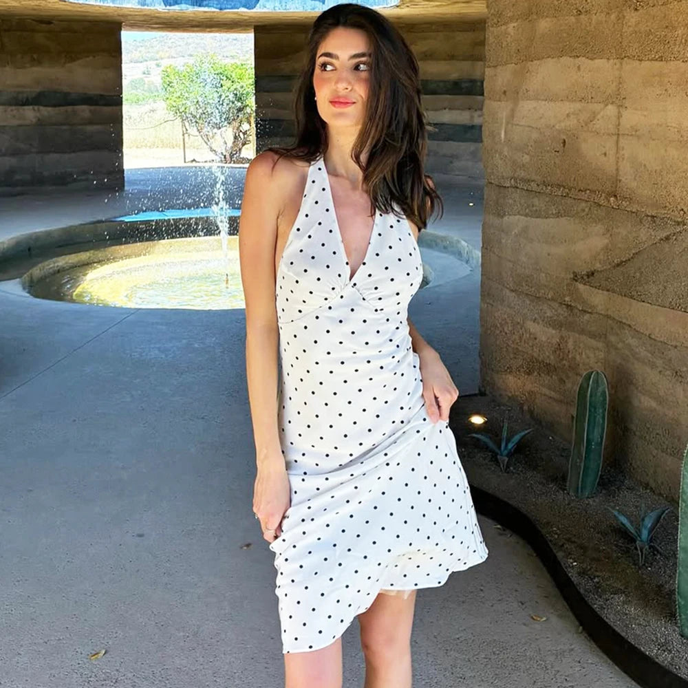 Elegantes langes Damenkleid mit Polka Dots und Neckholder – sexy, trägerloses, rückenfreies Schnürkleid