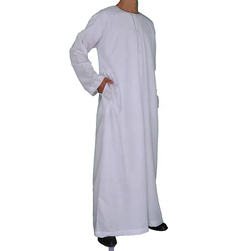 Herren Weiß Muslimischer Jubba Thobe | Langarm Rundhals Islamischer Kaftan