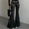 Acubi Fashion Black Flare Jeans for Women | Retro Whiskers Low-Rise Cargo Pants