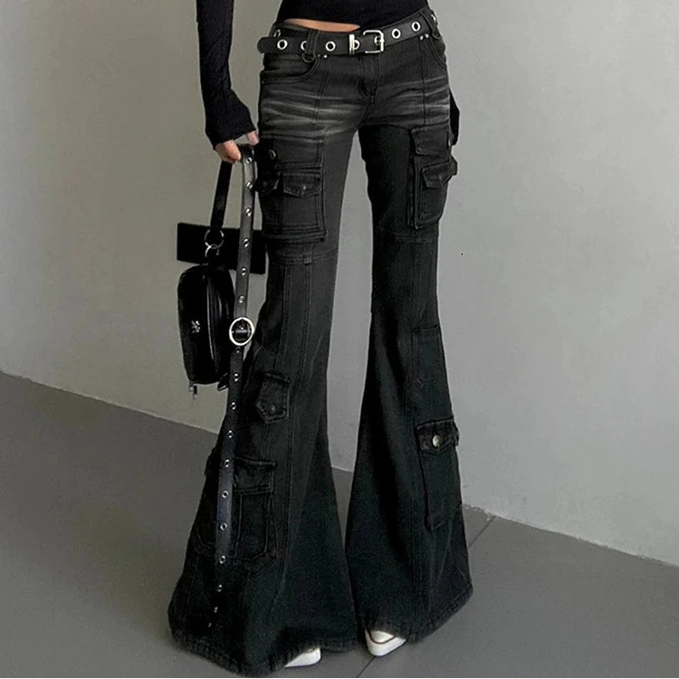 Acubi Fashion Black Flare Jeans for Women | Retro Whiskers Low-Rise Cargo Pants