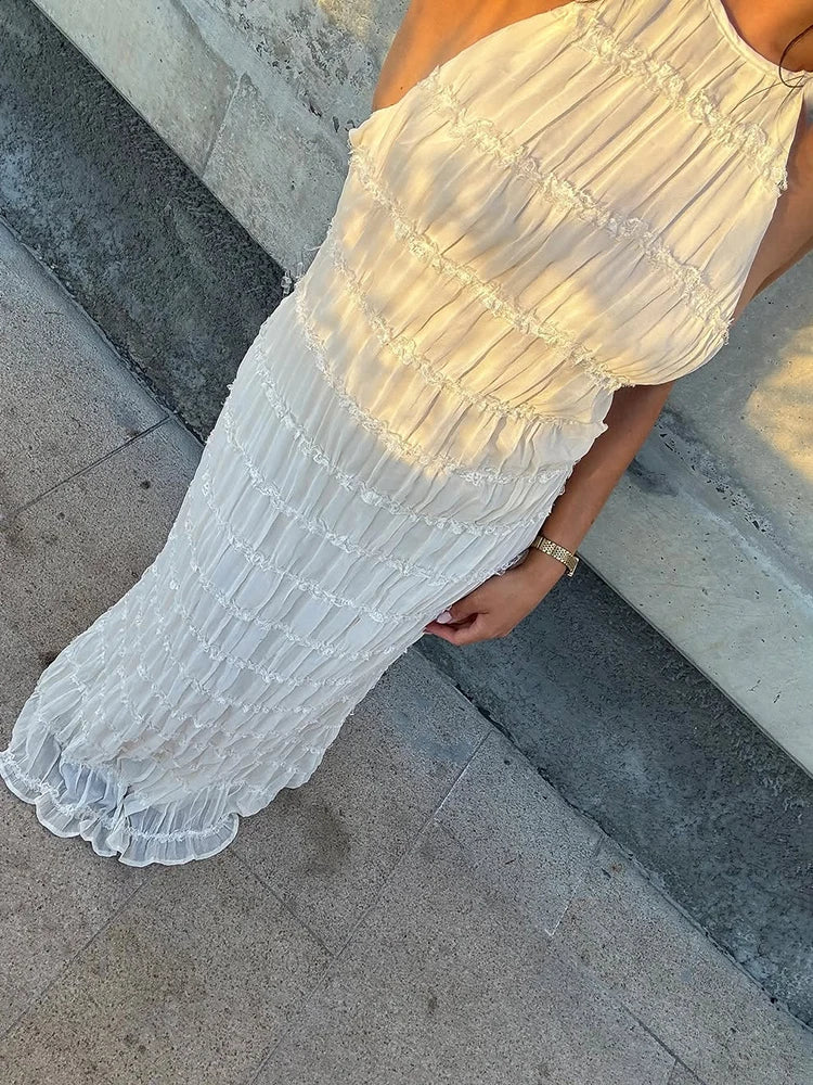 Women’s Backless Ruched Long Dress – Sexy Halter Lace-Up Maxi