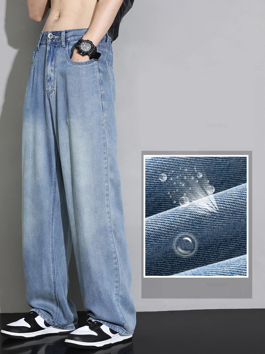 Men’s 100% Lyocell Elastic Waist Loose Straight Summer Jeans – High Quality Ultra-Soft Denim