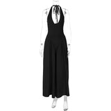 Women’s Sexy Backless Deep V-Neck Maxi Dress – Spliced Halter Sleeveless Dress