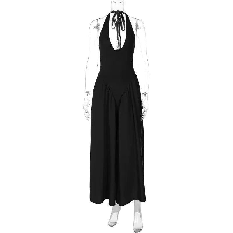Women’s Sexy Backless Deep V-Neck Maxi Dress – Spliced Halter Sleeveless Dress