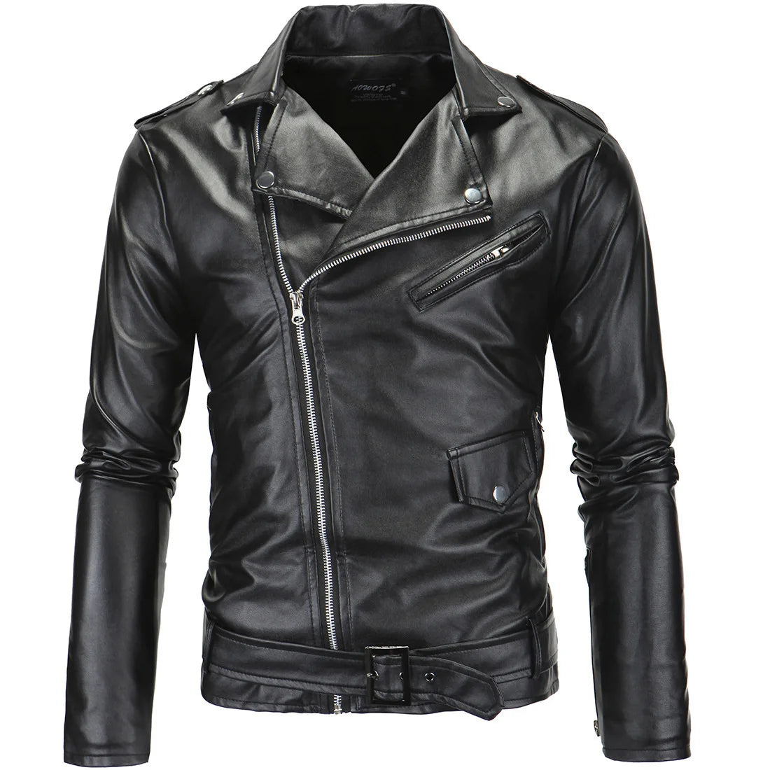 Men’s Slim Fit White Leather Jacket – Oblique Zipper Motorcycle Moto Biker Coat