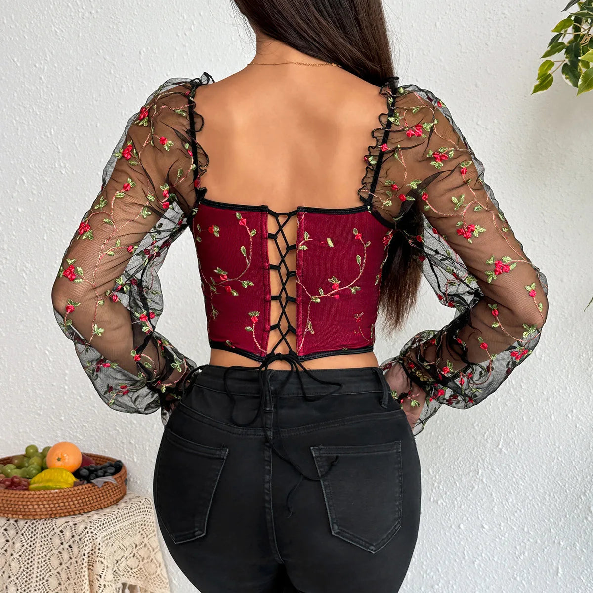 Women’s Sexy Mesh Long Sleeve Corset | Flower Embroidered Fishbone Bustier