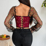 Women’s Sexy Mesh Long Sleeve Corset | Flower Embroidered Fishbone Bustier