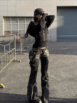 Black Low-Waist Cargo Jeans for Women | 2000s Distressed Whiskers Bootcut Pants
