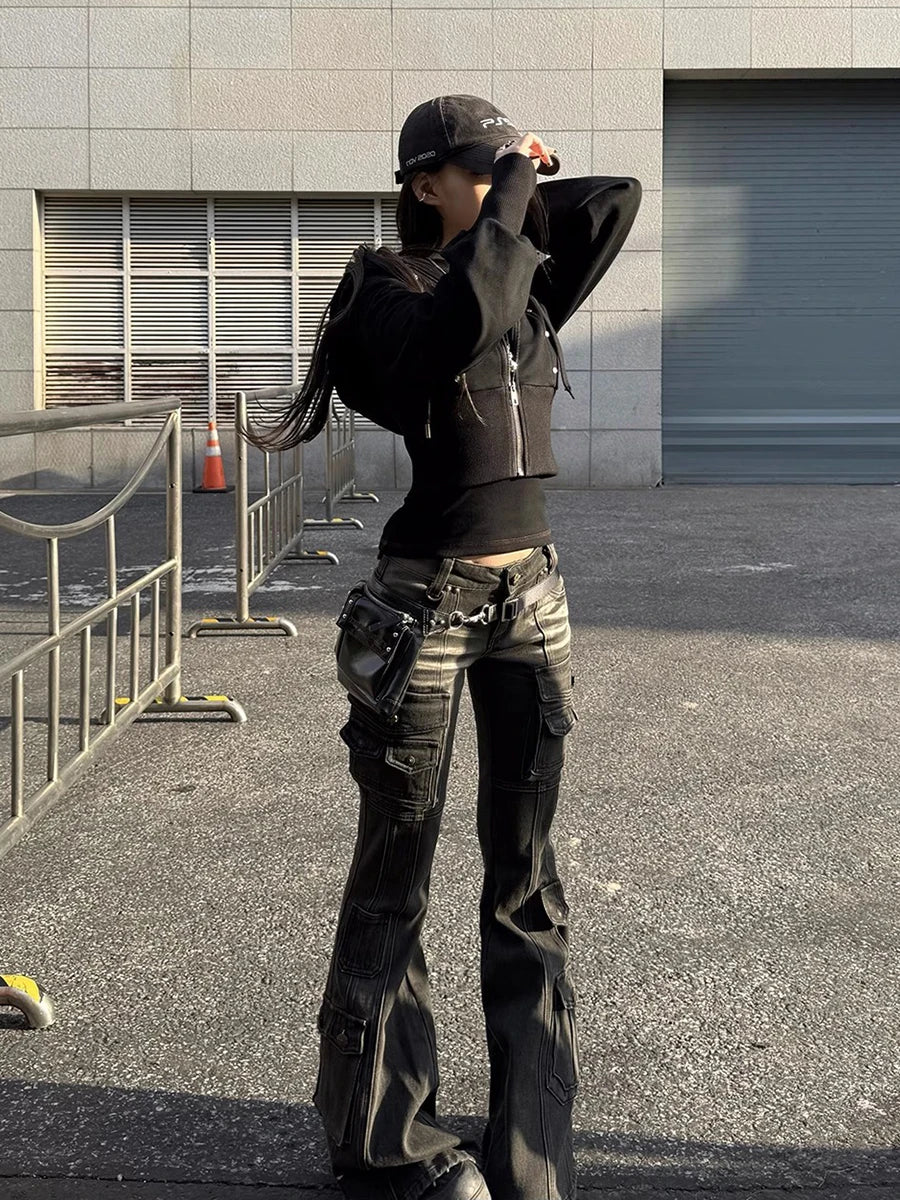 Black Low-Waist Cargo Jeans for Women | 2000s Distressed Whiskers Bootcut Pants