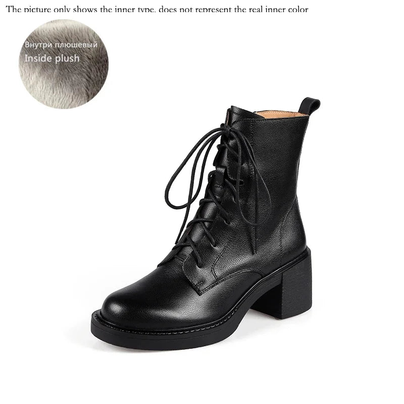 Damen Stiefeletten aus echtem Leder mit dickem Plateau-Absatz – Retro-Schnürstiefel mit runder Kappe