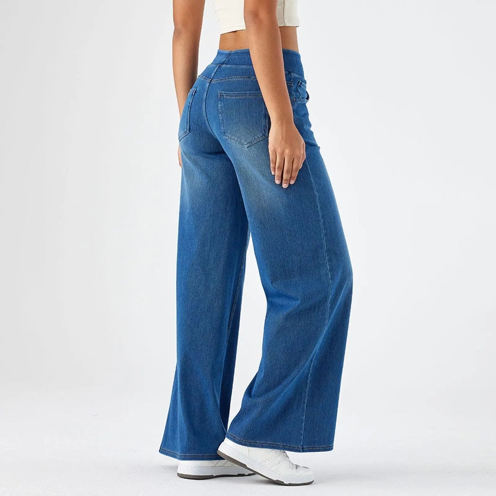 Women’s Wide-Leg Denim Jeans – Elastic Waist Long Straight Trousers