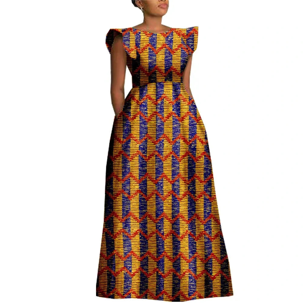 The "Heritage Queen" Floor-Length Gown: Bold Ankara Wax Cotton Dress with Short Sleeves