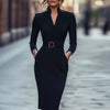 Elegant Solid V-Neck Bodycon Dress High Waist Long Sleeve Work & Party Midi Dress