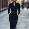 Elegant Solid V-Neck Bodycon Dress High Waist Long Sleeve Work & Party Midi Dress