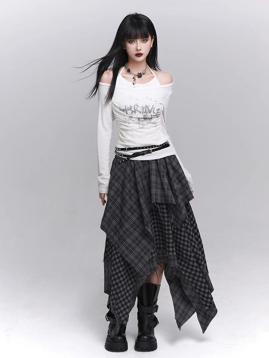 Acubi Fashion Karierter Asymmetrischer Rock | Damen Alt Goth Maxi mit elastischem Bund