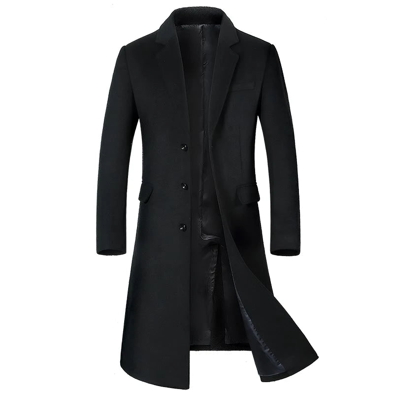 Herren Wintermantel aus hochwertiger Wolle – Knielanger Trenchcoat
