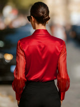 The "Satin Stripe" Patchwork Shirt | Elegant Hollow Detail Office Long Sleeve Blouse