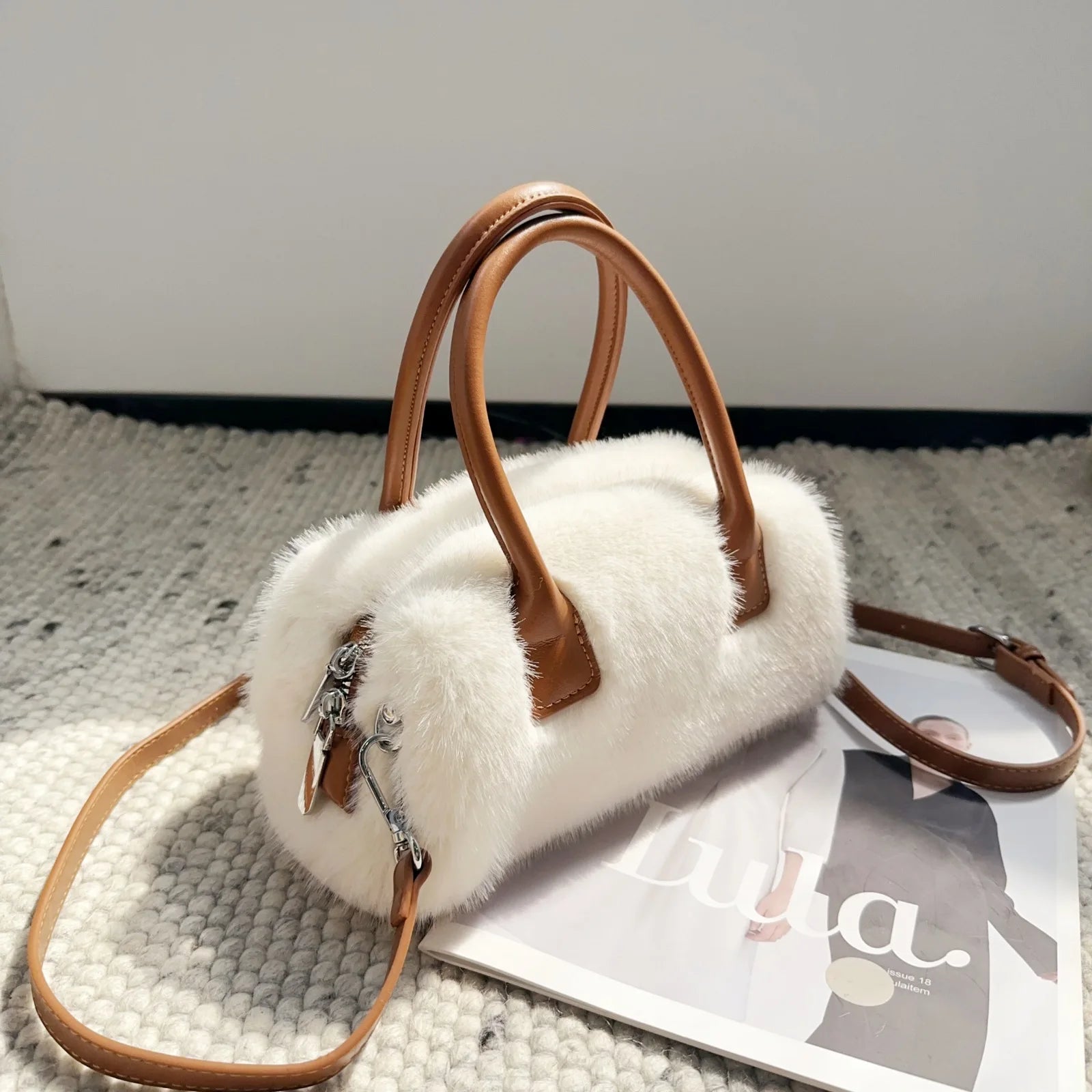Women’s Faux Fur Small Box Tote – Luxury Plush Crossbody Bag