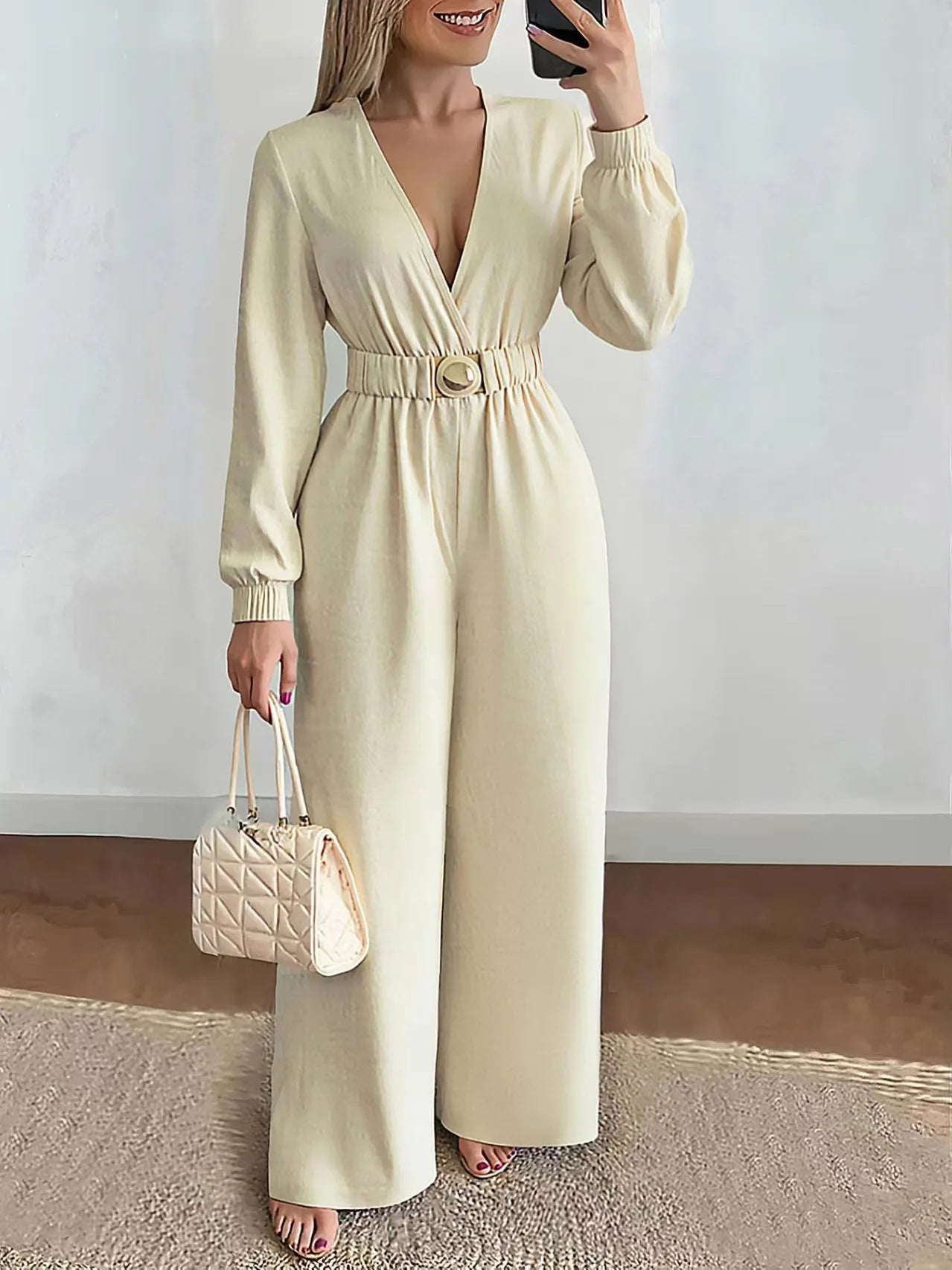 Elegant V-Neck Wide Leg Jumpsuit Long Sleeve Belted Lace-Up Commuting Romper