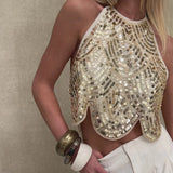 Women’s Sexy Halter Sequin Tank Top – Backless Tie-Up Sparkly Crop Top