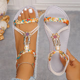 Women's Ethnic Style Round Toe Beaded Flat Sandals Bohemian Ankle Strap Shoes