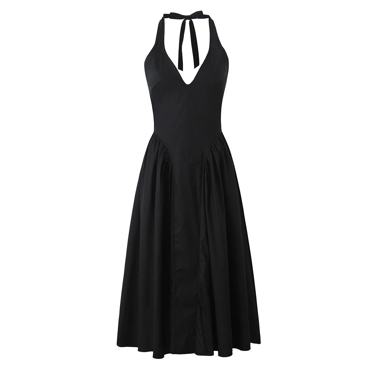 The "Aura Cotton" Midi: A Daring Backless Halter with a Seductive Low-Waist A-Line Flare