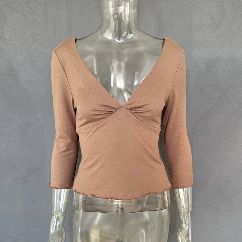 Elegantes rückenfreies Patchwork-Oberteil – Damen V-Ausschnitt Slim T-Shirt für den Sommer
