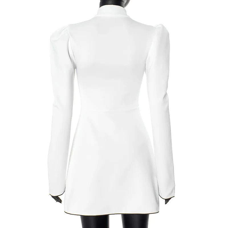 Elegantes Damen-Minikleid mit Schnürung – Retro-Kleid mit Stehkragen und langen Ärmeln, sexy schmales A-Linien-Partykleid