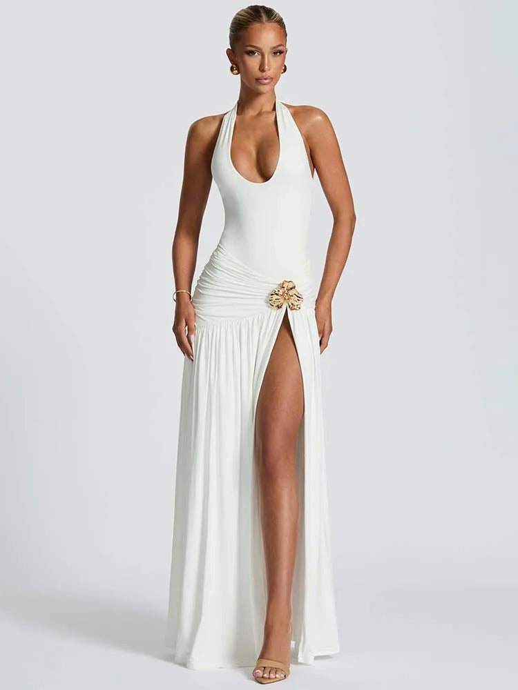 The "Ultraviolet" 2-Piece Set: A Seductive Halter Bodysuit Paired with a High-Waist Ruched Maxi Skirt
