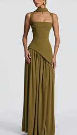 Elegant Green Evening Dress with Scarf – Lace-Up Back High Slit Maxi