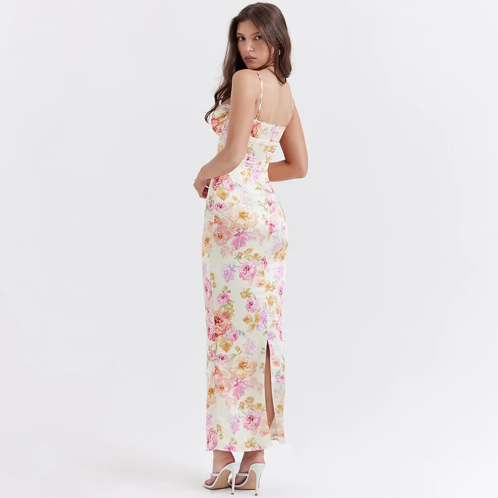 Women's Elegant Floral Print Spaghetti Strap Maxi Dress