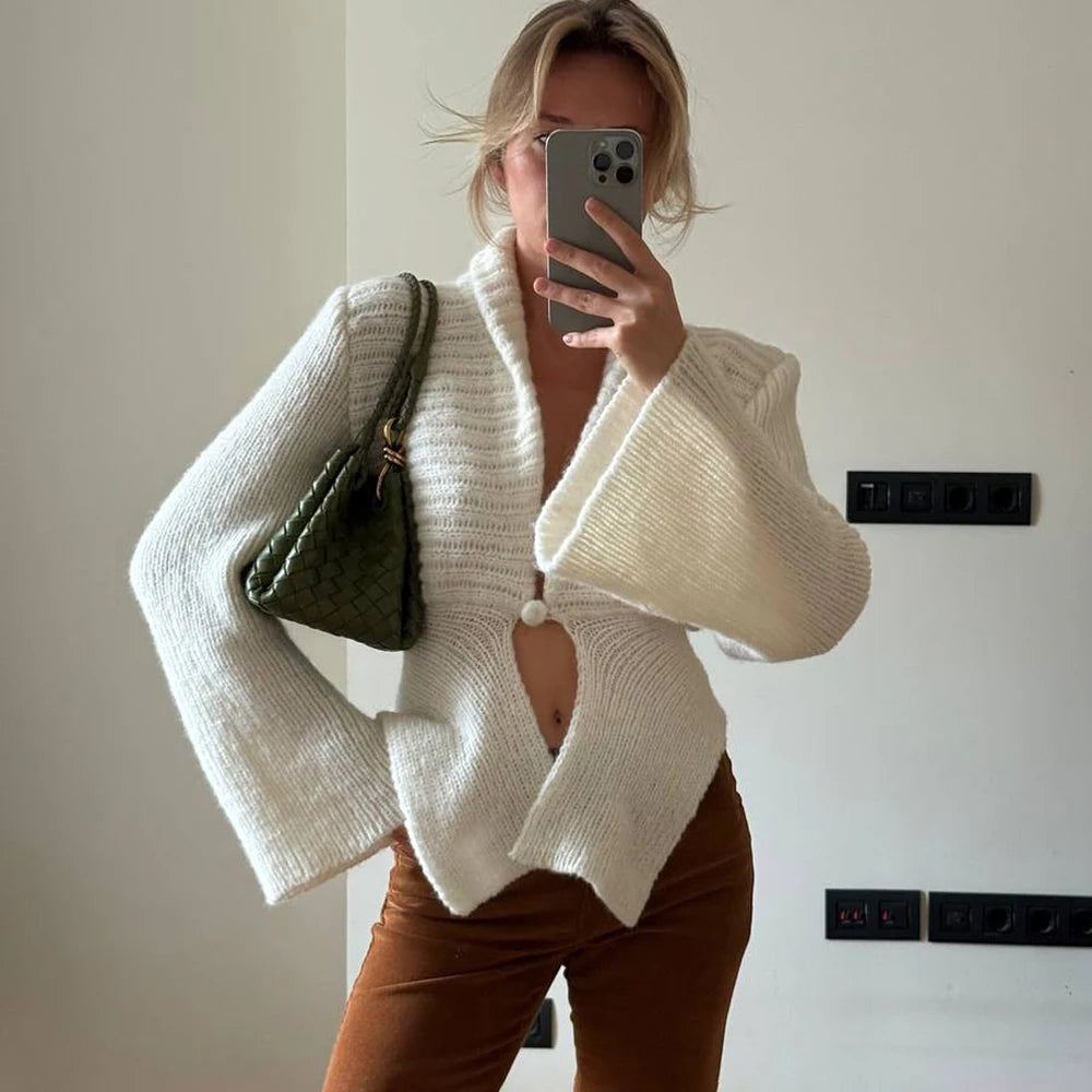 Damen Vintage Herbst Strick-Cardigan mit Aushöhlung – Eleganter weißer Langarm-Pullover