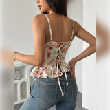 Women’s Floral Corset Crop Top | Lace-Up Sexy Halter Tank Top