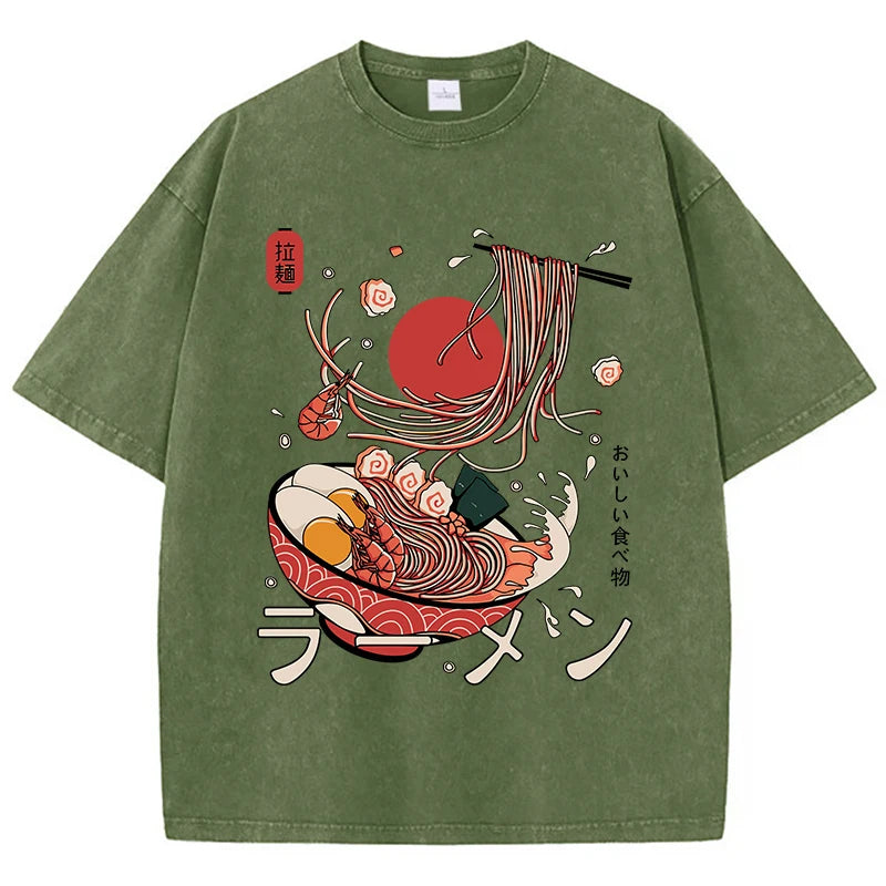 Ramen Nudeln gewaschenes Baumwoll-T-Shirt | Harajuku Grafik-T-Shirt für Damen