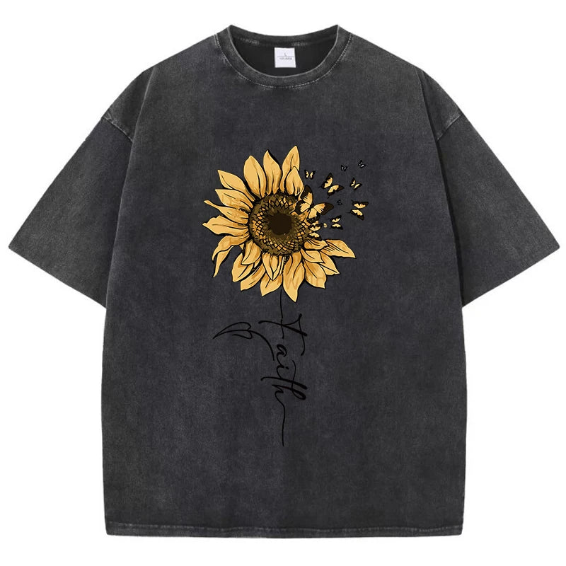 Sunflower and Butterfly Washed Cotton T-Shirt | Women's Vintage Black Graphic Tee